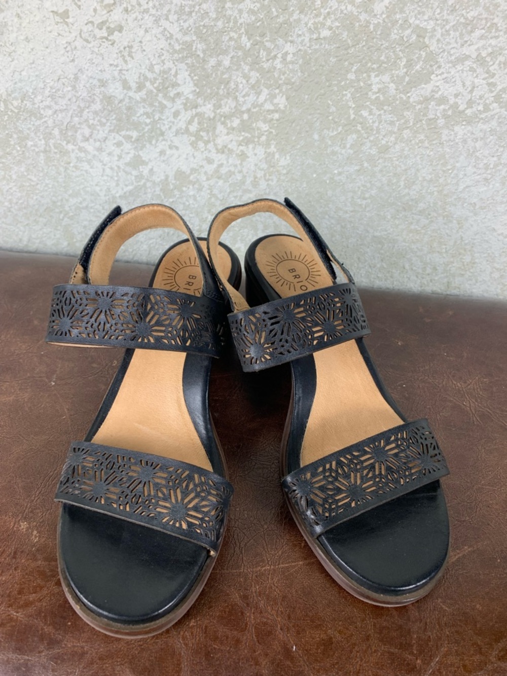 Brioso Black Laser-Cut Leather Strap Sandals 7.5 Summer